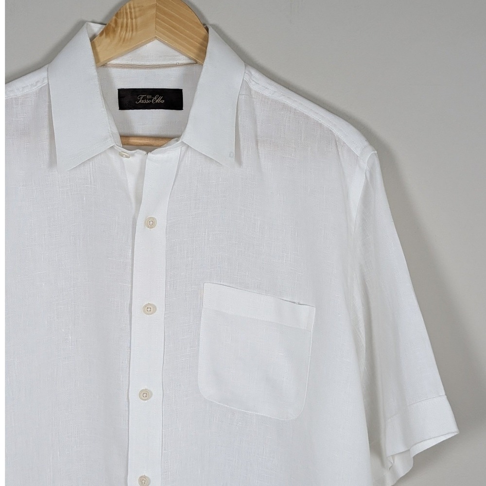 Tasso Elba Mens White 100% Linen Short Sleeve Button Up Shirt Large Quiet Luxury